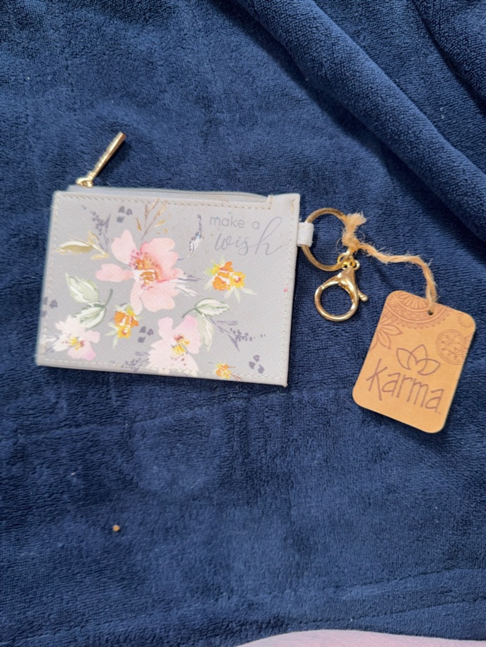 Karma Gray Floral Coin Pouch with Gold Keyring